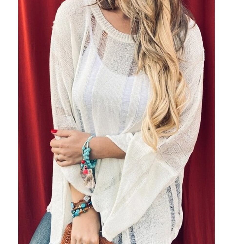 Distressed Effect Lightweight Knit Top White